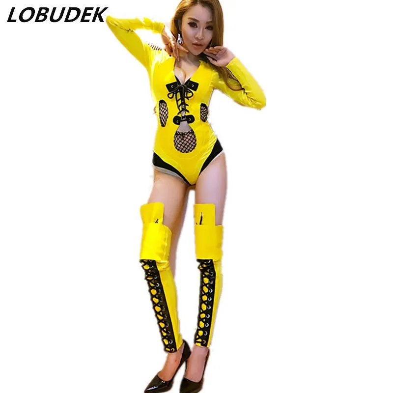 

Sexy Hollow Out Bodysuit Yellow Perspective Jumpsuit Women DJ Singer Nightclub Clothing Jazz Dance Teams Performance Costumes