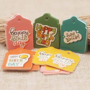 

Pink/orange/green/blue/yellow Paper Gift Tags Happy Birthday scallope Hang Tag Packing Label Party Decoration tag 50+50rope/lot