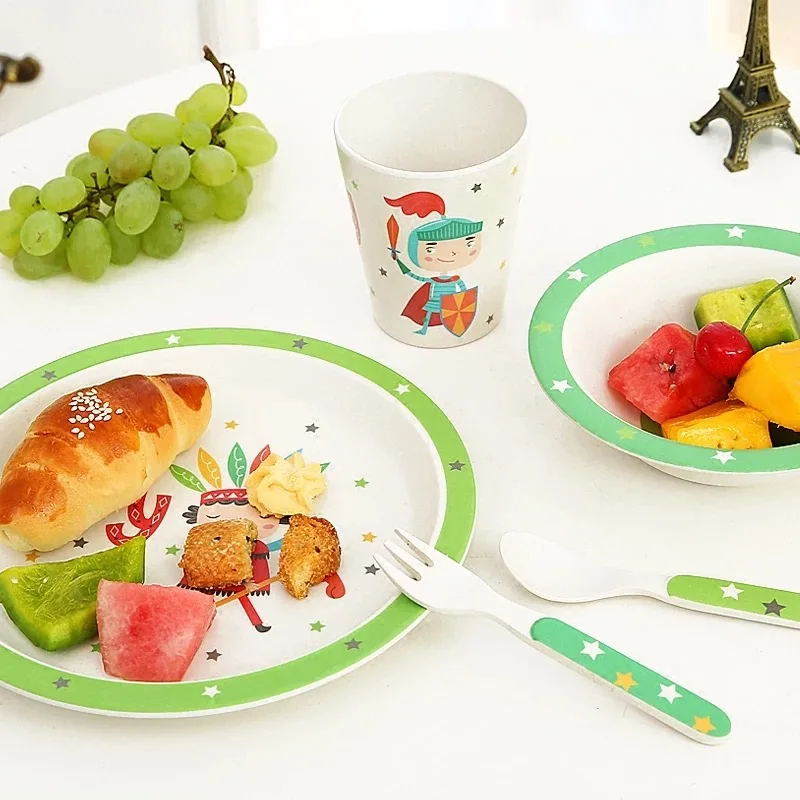 

2019new 5 pcs / set baby feeding bowl, plate, forks, spoons, dining room table Bamboo Fiber
