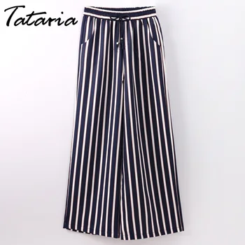 

TATARIA Color Stripe Pants Ladies Summer Mid Waist Loose Wide Leg Pants Female Causal Elegant Woman Trousers With Stripes Pant