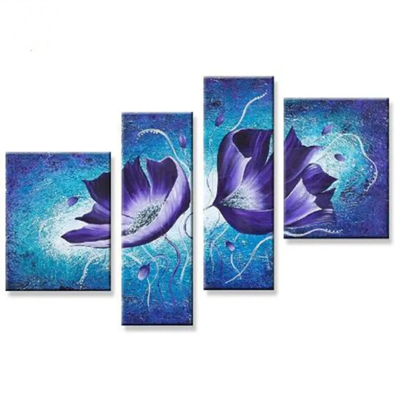 

4 Panel Canvas Pictures Handpainted Abstract Floral Paintings Handmade Blue Lotus Flower Oil Painting Modern Home Decor Wall Art