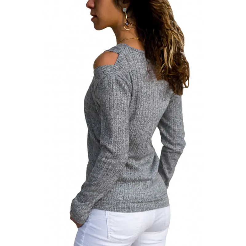 pullover Female rib knit long-sleeved top winter clothes women V-neck cold shoulder sweater casual pure Color clothes autumn (3)