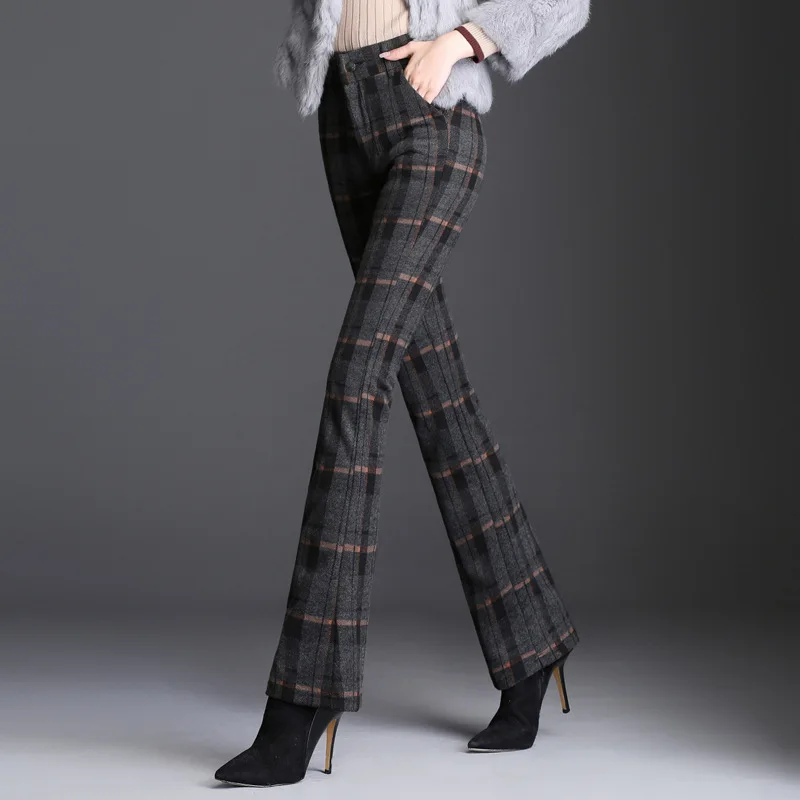 

Spring and autumn and winter models thick plaid woolen micro-bell pants long section high waist was thin casual plus size pants