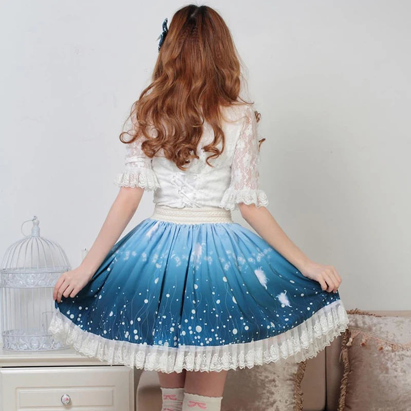Princess Elf Empire Style Print Lace Mori Blue Cute Autumn Japanese Lolita Skirt Winter Sweet Girl YxqRa6v8nw