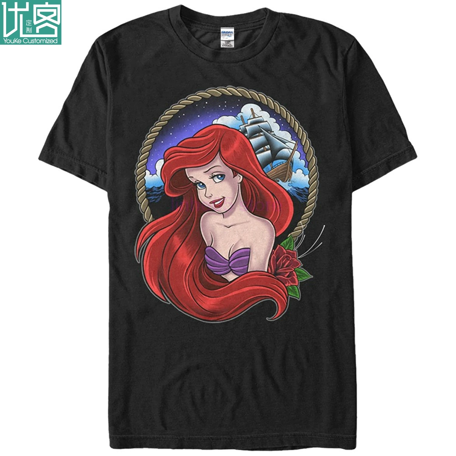 

LEQEMAO Short Sleeve T shirt Funny Print The Little Mermaid Ariel Rope Frame Mens Graphic T Shirt