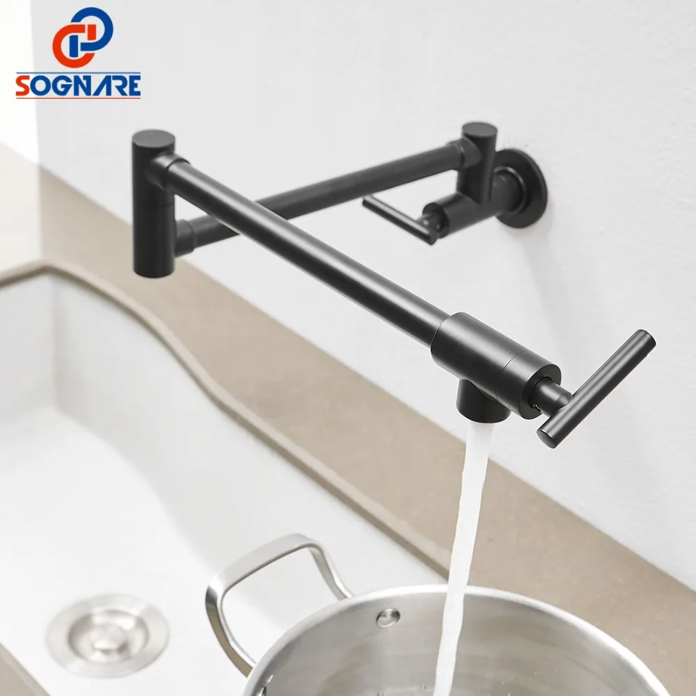 Black Kitchen Faucet Wall Pot Filler Tap Double Joint Spout Folding