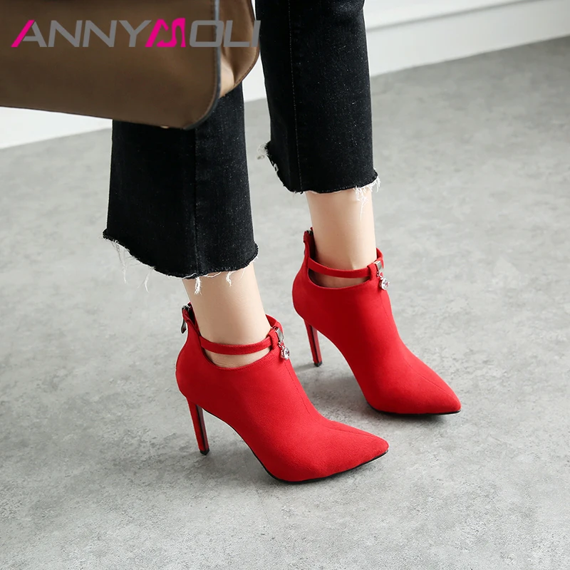 ANNYMOLI/женские ботильоны; зимние ботинки на высоком каблуке со стразами; полусапожки на тонком каблуке с острым носком и пряжкой; весенняя обувь; Цвет черный, красный; размеры 34-43