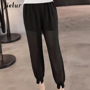 

Jielur Summer Chiffon Mesh Patchwork Harem Pants Women Korean Pocket Slim Beam Trousers Basic Casual Solid Color Capris Pantalon