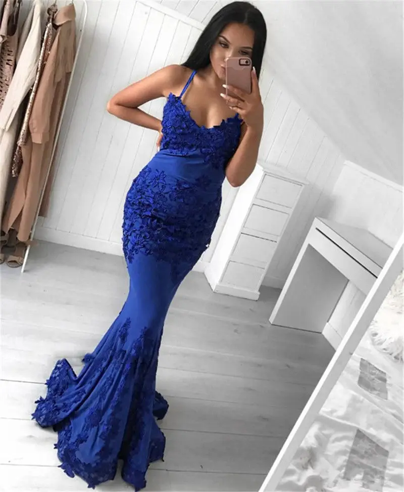 87-1     Mermaid Spaghetti Strap Appliques Cocktail Party Formal Dress Evening Gowns