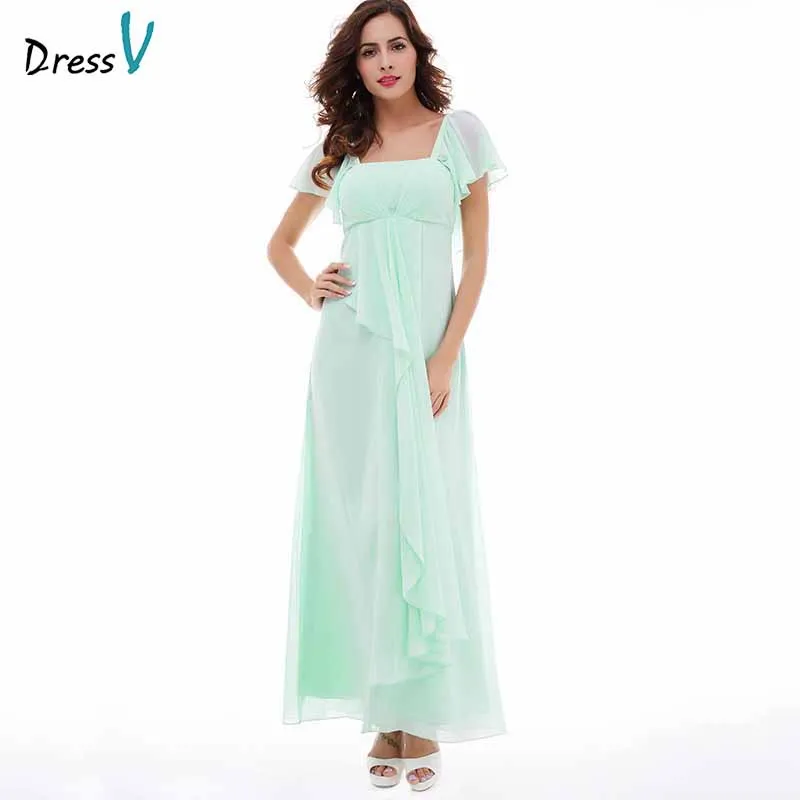 Dressv Мятное длинное вечернее платье недорогое с коротким рукавом и квадратным
