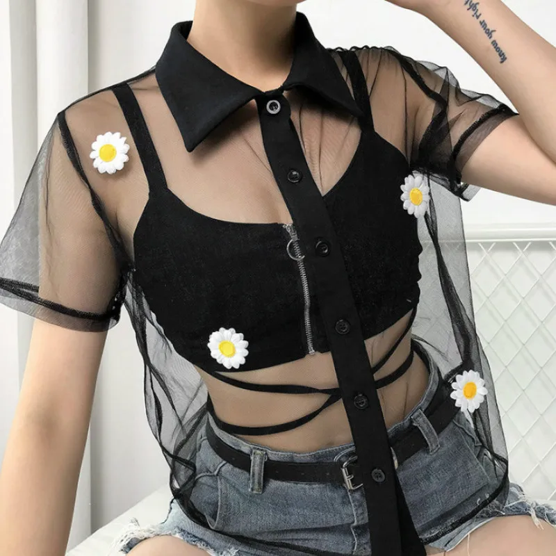 

See-through Mesh Blouse 2019 Summer arrival Women Dance Show Punk Girls' Shirt Tops