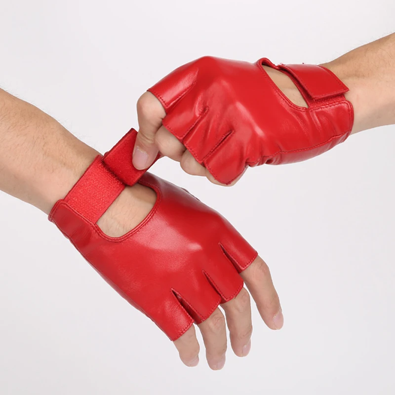 2017 red fingerless leather gloves female. Leather half finger gloves