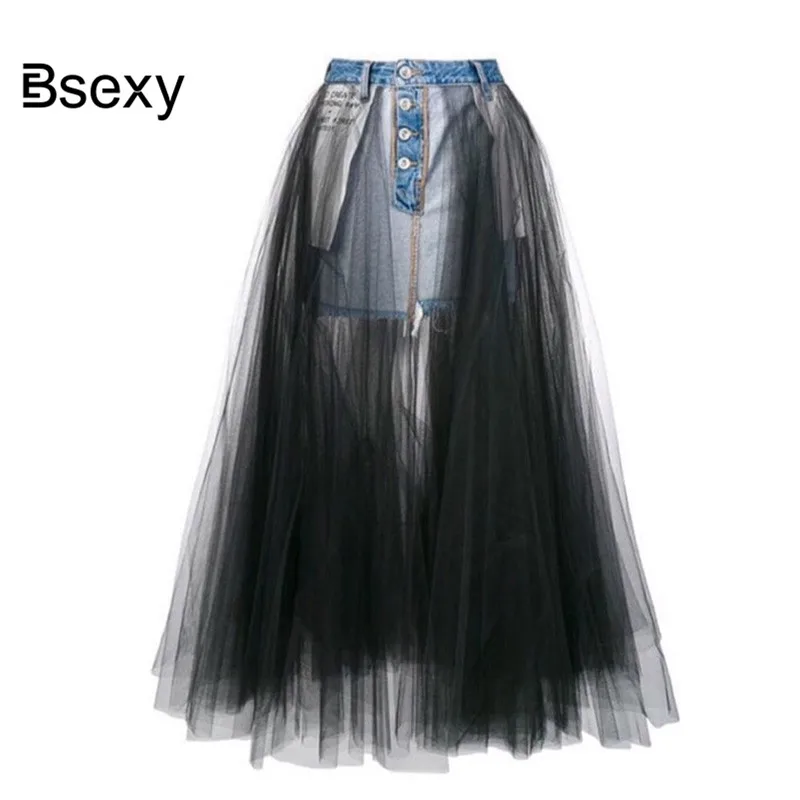Модные джинсовые Соединенные Черные Сетчатые длинные юбки для женщин s с высокой талией, бальное платье для подиума, Женская Макси Тюлевая джинсовая юбка