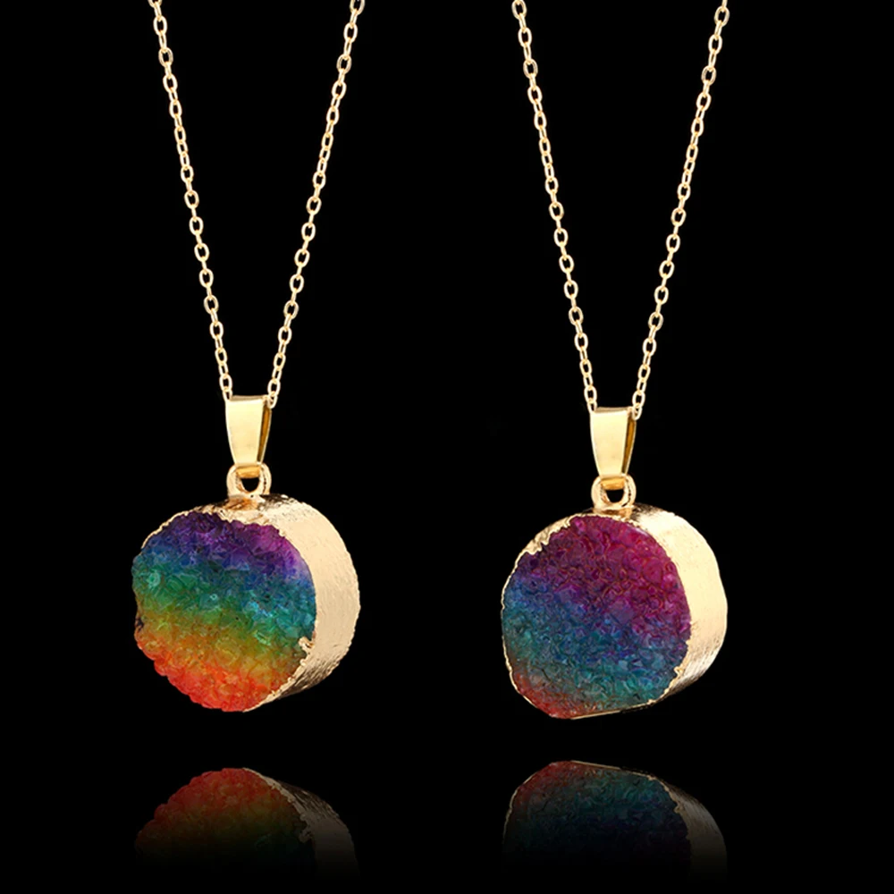 

1 Pc New Golden Plated Irregular Natural Crystal Chakra Rock Necklace Quartz Pendant Rainbow Stone Nice Gift For Lover Friends