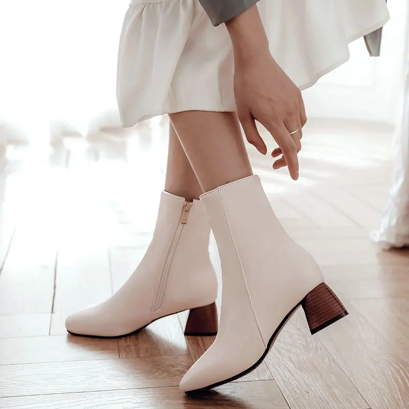 

Women Comfort Thick Heel Ankle Boots Fashion Zipper Boots Female Square Toe Fall Winter Shoes Black White Brown