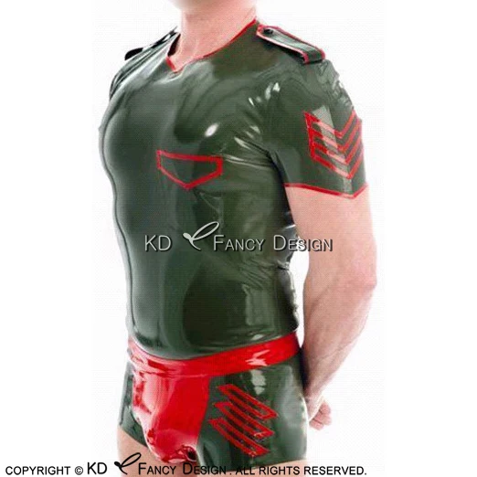 

Militay Olive Green With Red Sexy Latex Uniform With Short Sleeves Rubber Shirt Boxer Shorts Briefs YF-0117