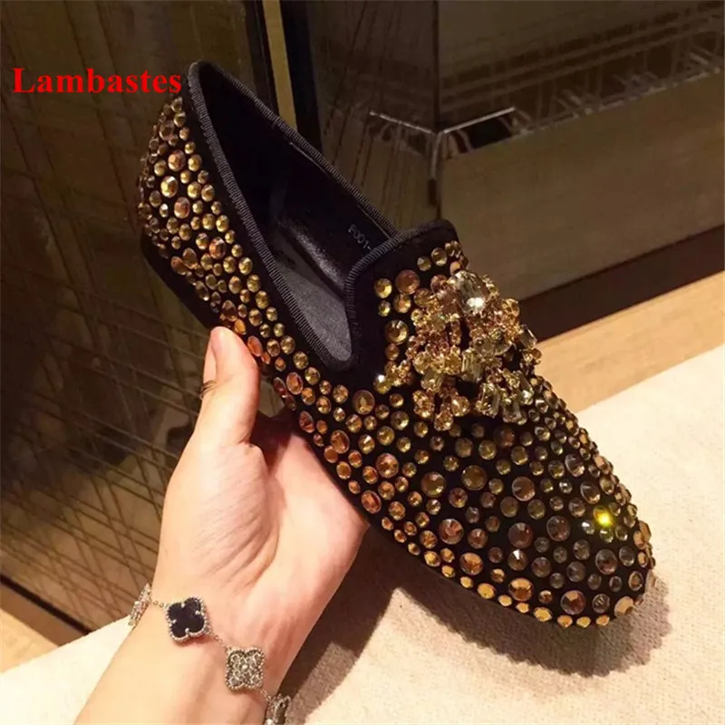 

Blue Crystal Embellished Round Toe Loafers Slip On Spring Autumn Women Flats Bling Shallow Sexy Casual Shoes Chaussures Femmes