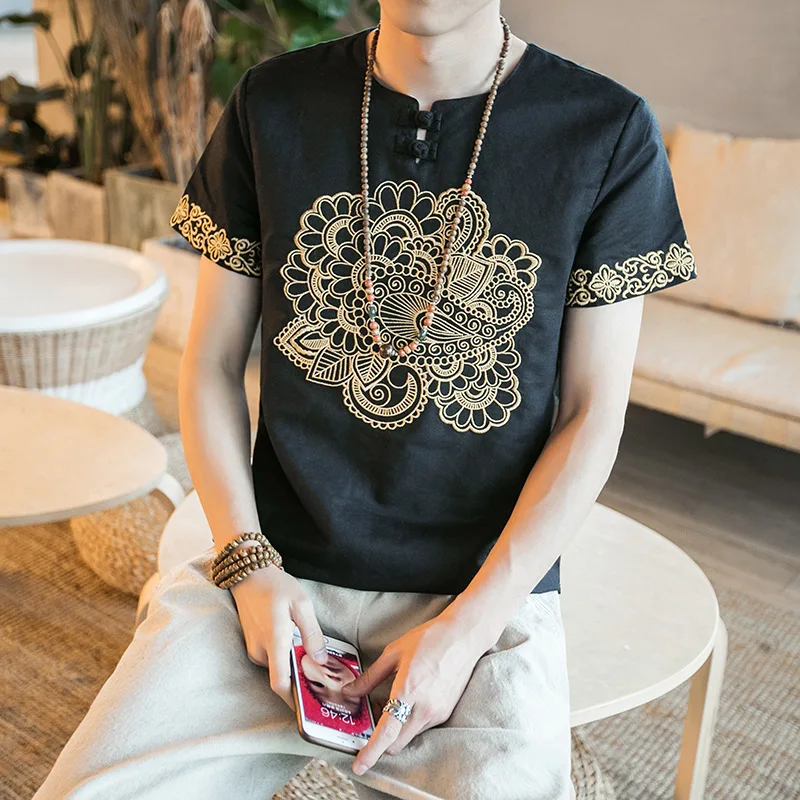 Ethic Chinese Unique Short Sleeve Embroidery Men T-Shirts | Мужская одежда
