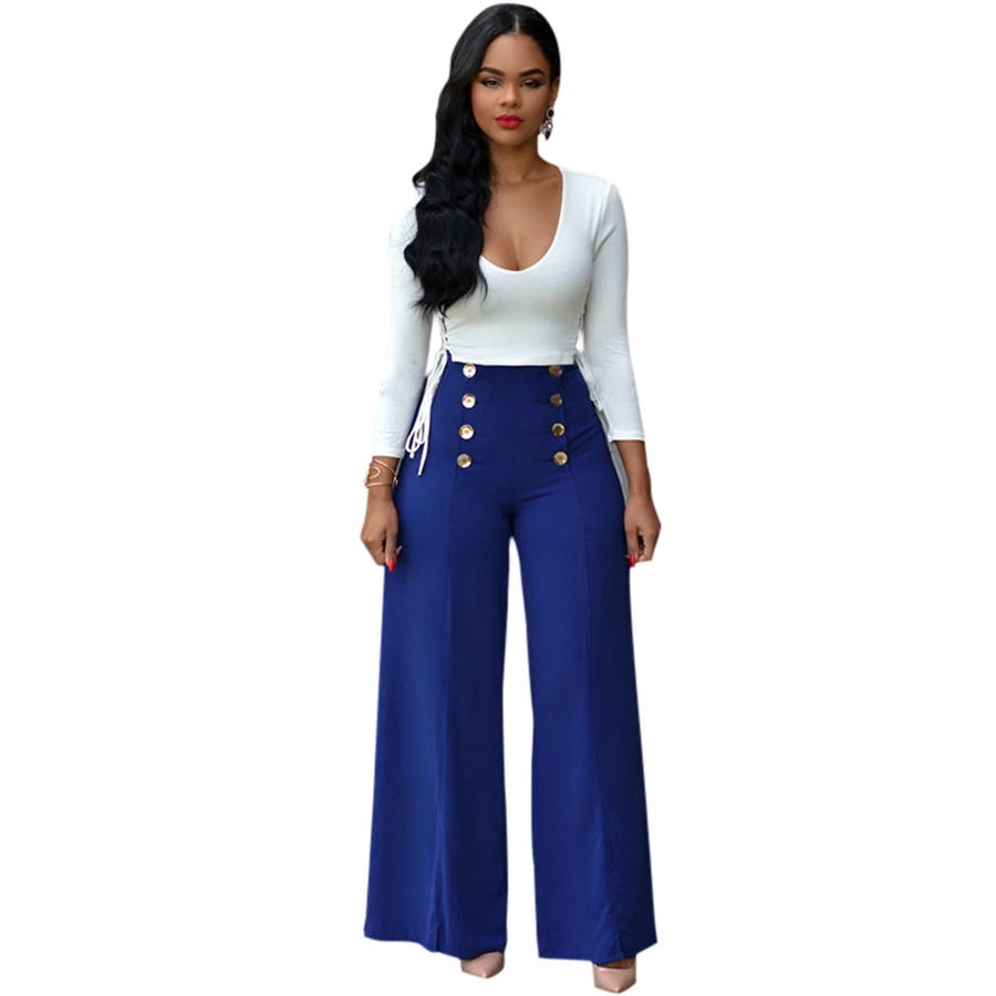 Nueva Moda Blusas Y pantalones Anchos la pierna Pantalones de Dos Piezas conjunto de Las Mujeres Larga Cuello de O Casual Solid Tops Vendaje de Señoras conjuntos|two piece