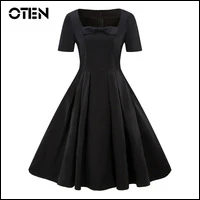 OTEN-2018-Summer-Audrey-Hepburn-Style-Short-Sleeve-A-Line-Knee-Length-midi-party-outfits-Bow
