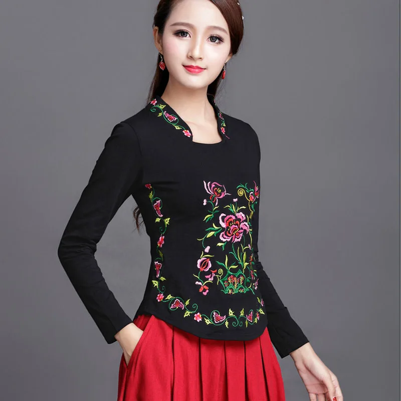 Женский пуловер в китайском стиле, весна-осень, вышитая Футболка с длинным рукавом, женская летняя хлопковая футболка размера плюс - Цвет: black long sleeve