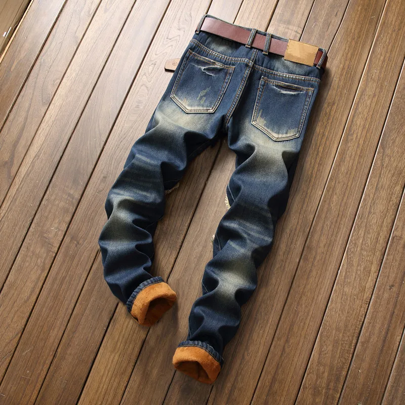 Autumn Winter Men Fashion Ripped Hole Slim Jeans Euro Style Fleece Warm Denim Patchwork Pants Man Casual Personal Quality Jean