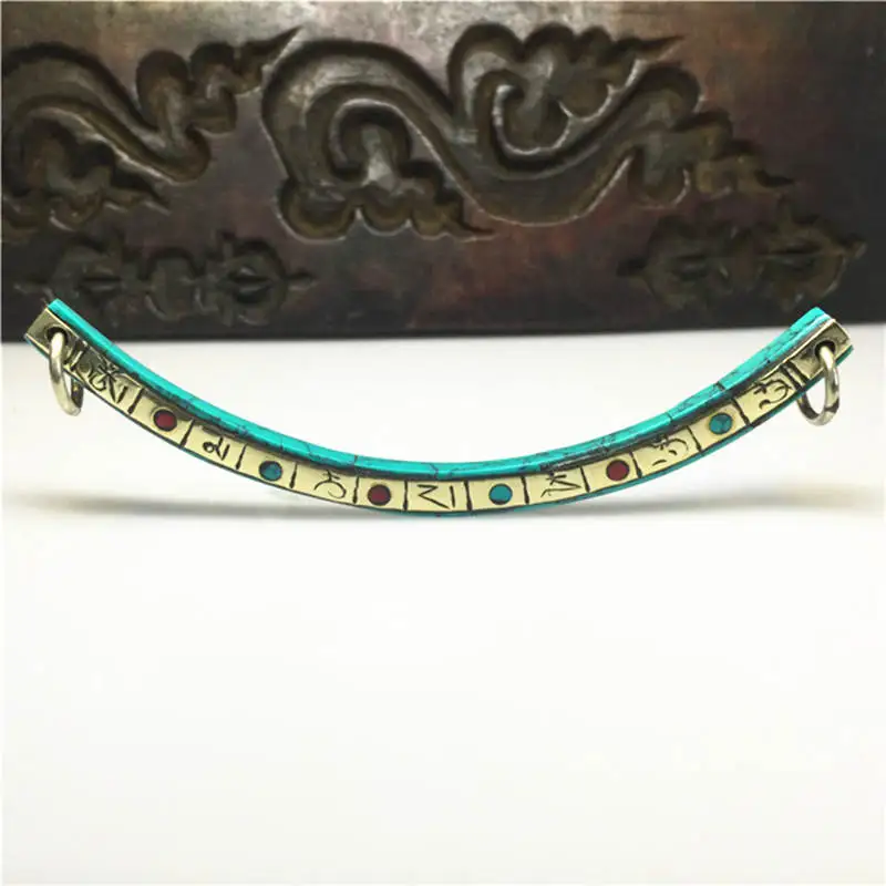 

TBP123 Tibetan Mantras Amulet Pendant Copper Inlaid Stone Long New Moon OM MANI PAD ME HUM