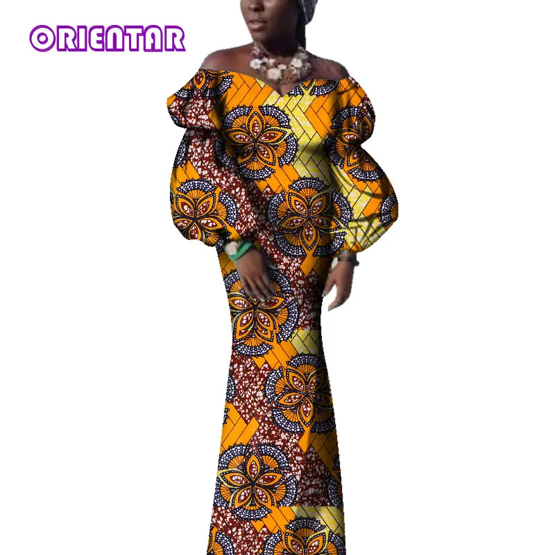 african traditional attire Bazin Riche African Dresses for Women Off Shoulder Puff Sleeve Ankara Dress African Wax Print Long Party Evening Dress WY3715 african outfits for women