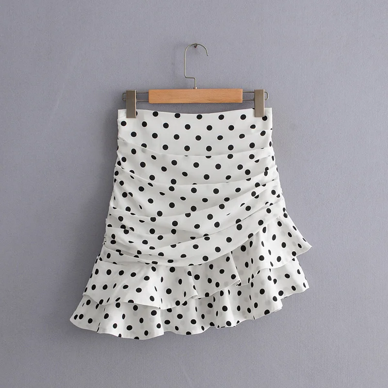 

RR Dot Printed Ruffles Skirts Women Fashion Zipper Waist Ruffles Skirts Women Summer Pleated A Line Mini Skirts Female Ladies GB
