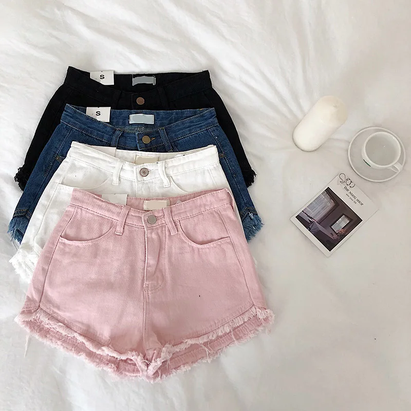 

Denim shorts female 2019 summer casual washed white hole hotpants flash denim hotpants female student shorts