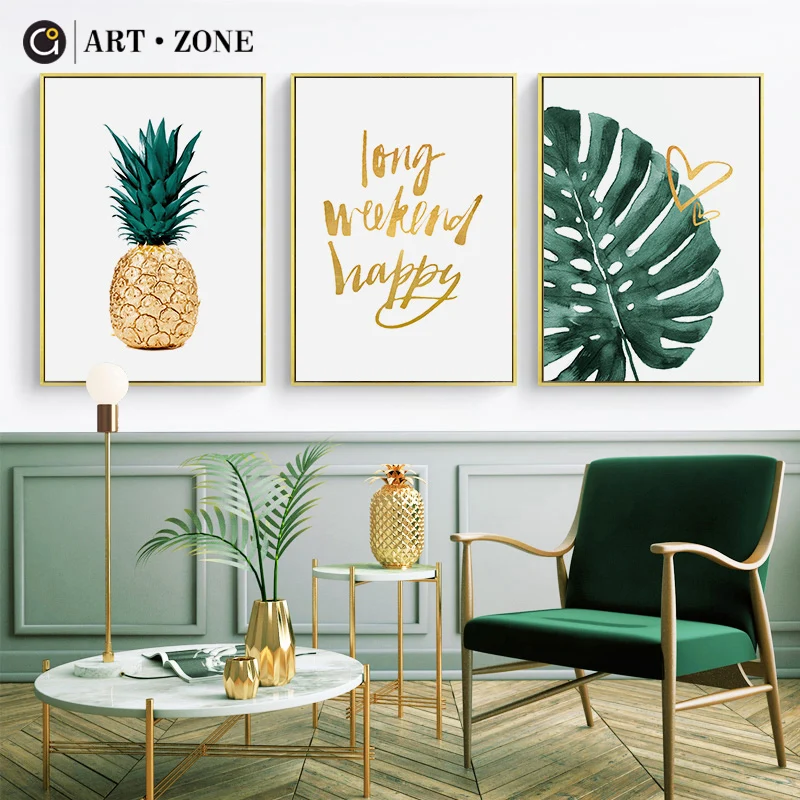 

ART ZONE Gold Pineapple Nordic Canvas Painting Green Leaves Letter Art Print Poster Wall Decoration Home Decor Poster