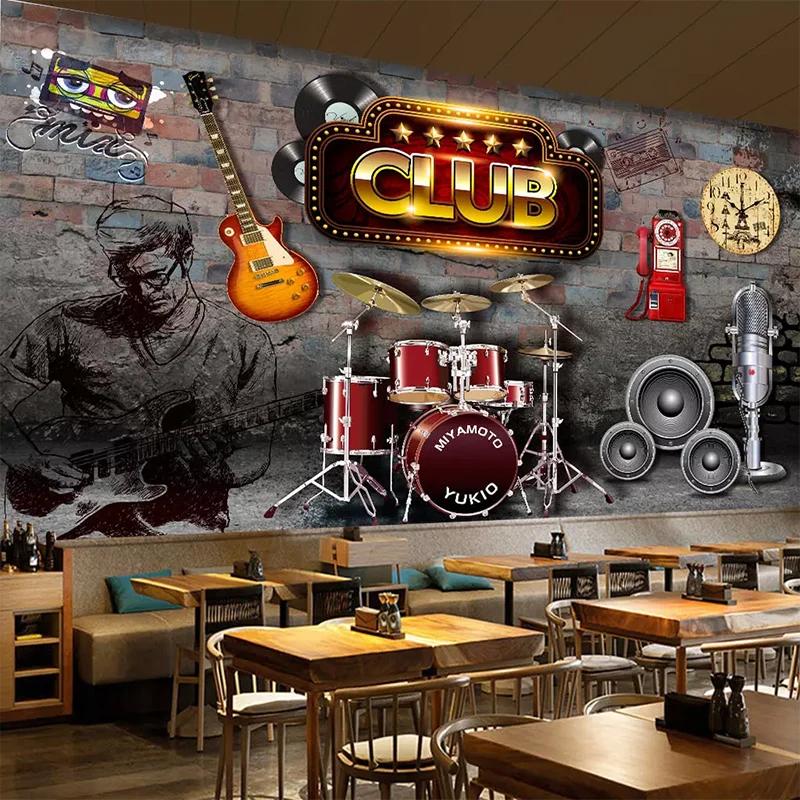 custom any size wall cloth retro motorcycle brick wallpaper restaurant cafe living room wall mural modern creative 3d wall paper 3D Wallpaper Retro Nostalgic Brick Wall Music Theme Bar Photo Wall Painting Living Room Bedroom Background Wall Cloth Decoration