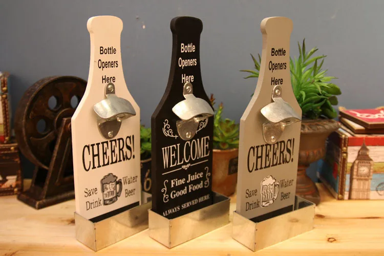 American Country Creative Retro Beer Shaped Wall Bottle Opener Vintage Wall Mounted Wood Plaque Bottle Openers