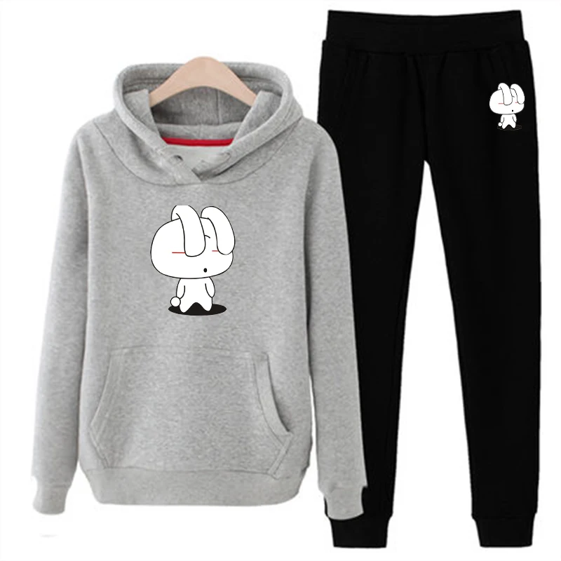 Комплект из двух предметов с мультяшным кроликом; Женская толстовка с капюшоном; Корейская Студенческая одежда с принтом; спортивная одежда; женские топы+ брюки; Осенняя новая одежда