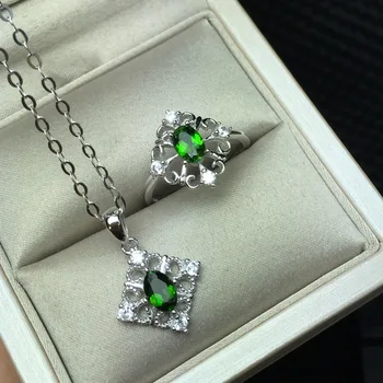 

[MeiBaPJ Natural Diopside Gemstone Ring and Necklace for Women Real 925 Sterling Silver Green Stone Fine Jewelry Set