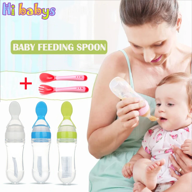 

Silicone Baby Feeding Bottles With 1 pcs Baby Spoon Baby tableware Food Supplement Rice Cereal Bottle Squeeze Spoons Silica Gel