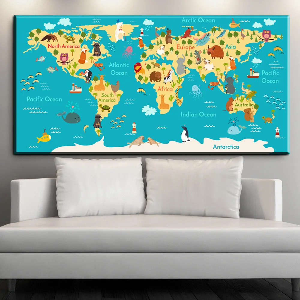 

ZZ1609 newest cartoon animals world map canvas pictures oil art painting for kids room baby nursery bookstore lovely decoration