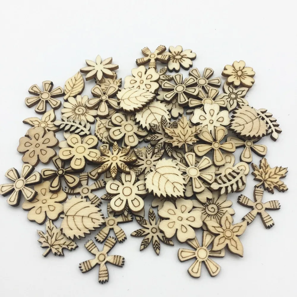 100pcs 18 20mm Natural Rustic Flowers and Leaves Mixed Wood