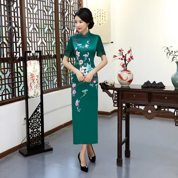 

Lady Sexy Cheongsam Ruffle Sleeve Summer New Green Floral Qipao Mandarin Collar Chinese Classic Satin Slim Dress Oversize M-3XL