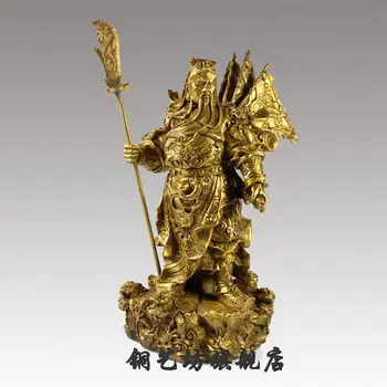 

Free Shipping 10''China Bronze Warrior Guangong Hold Sword Guanyu Dragon Flag Statue discount 50%