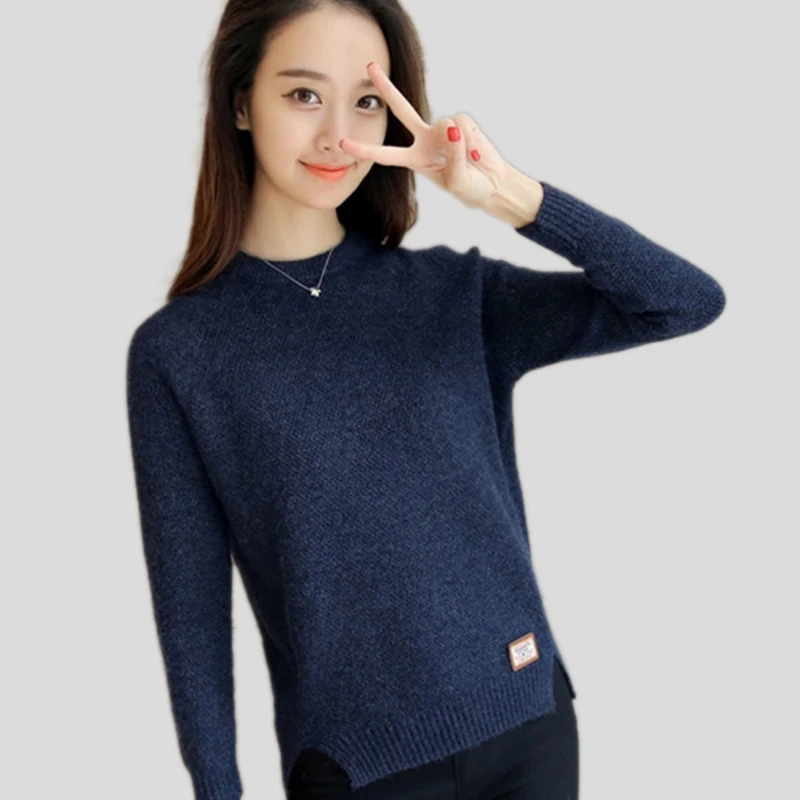 Online Otoño Invierno mujeres de color sólido suelto cuello redondo pullover punto 2018 versión coreana de la nueva casual split tenedor suéteres