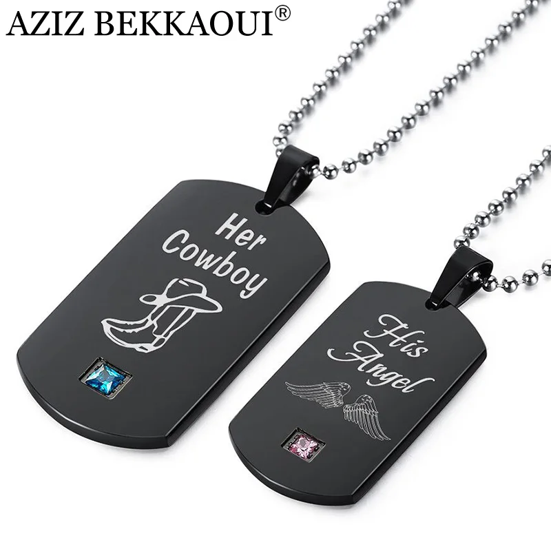 

AZIZ BEKKAOUI Couple Necklaces Her Cowboy & His Angel Black Stainless Steel Wing Tag Pendant Necklace with Stone Dropshipping