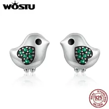 WOSTU Настоящее 925 пробы Серебряная любимая маленькая птичка с зеленый цирконий уникальные серьги-гвоздики для девочек подарок S925 ювелирные изделия CQE079