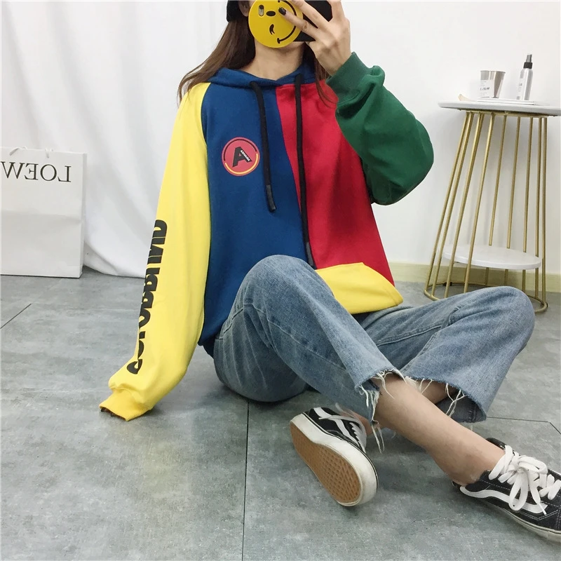 

Korean Version Of the Mosaic Sweatshirt Color Matching Letters Large Pocket Hip Hop Sweatshirt Casual Hooded Sweatshirt