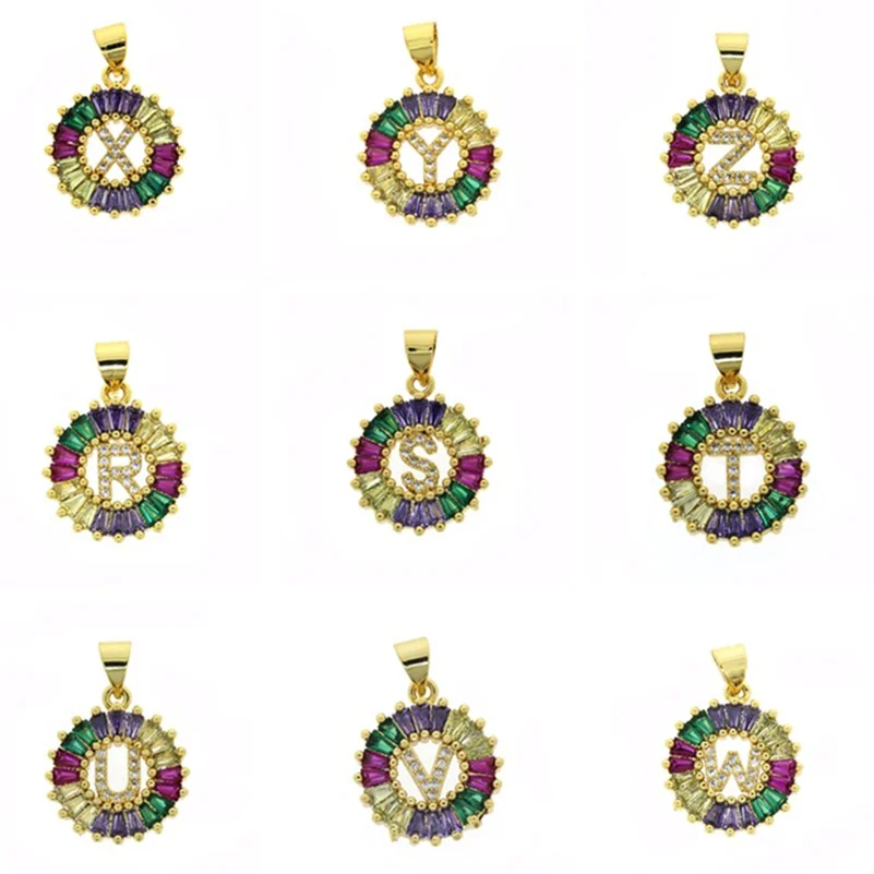 

gold 26 alphabet letter A-Z ABC charm pave rectangle champagne green fuchsia violet glass white cz pendant for jewelry making