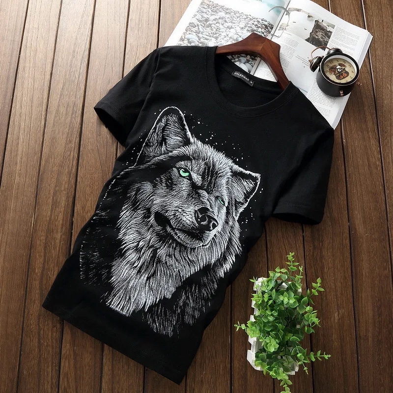 

T1287-A1138 Cheap wholesale 2019 summer new Men's short sleeve T-shirt printed cotton round collar tide 3 d a Wolf