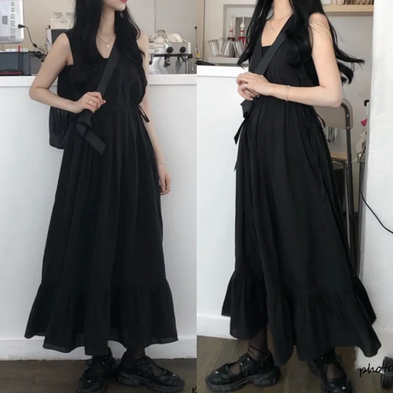 

Cool Look! One Piece Black Dress Ruffles Sleeveless High Waist Tank Dress Beach Long Robe Longue Vestido Largo Vestiti Lunga