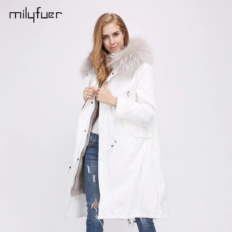 Milyfuer Fashion Women Parka Solid White Full Sleeve Hooded Raccoon