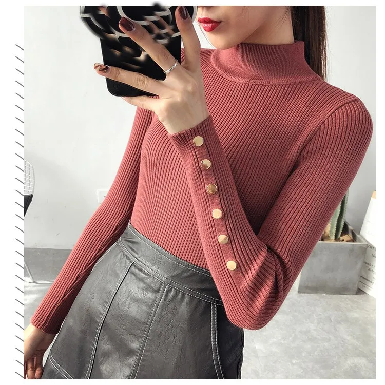 2018 11 Colors Autumn Women Button Turtleneck Knitted Pullovers Full Casual Long Sleeve Solid Basic Sweaters Sweaters