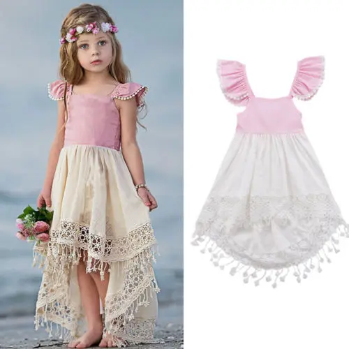 

2018 Brand New Toddler Baby Girl Princess Pageant Party Sundress Flying Sleeves Backless Tassels Dress Lovely Wedding Dress 1-6Y